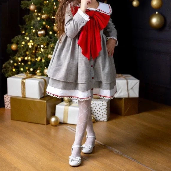 Plaid Kids Dress with Red Bow
